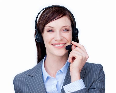 simsearch:400-04472832,k - Smiling customer service agent with headset on against a white background Stock Photo - Budget Royalty-Free & Subscription, Code: 400-04187529