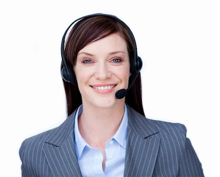 simsearch:400-04801703,k - Smiling businesswoman with headset on against a white background Foto de stock - Super Valor sin royalties y Suscripción, Código: 400-04187522