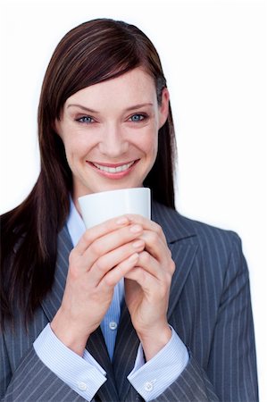 simsearch:400-04188263,k - Laughing businesswoman drinking a coffee isolated on a white background Foto de stock - Super Valor sin royalties y Suscripción, Código: 400-04187536