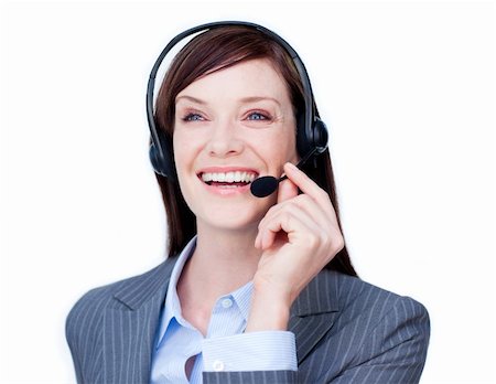 simsearch:400-04801703,k - Laughing customer service agent with headset on against a white background Foto de stock - Super Valor sin royalties y Suscripción, Código: 400-04187530