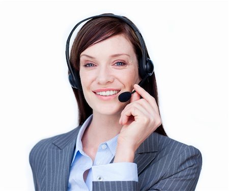 simsearch:400-04472832,k - Portrait of a young businesswoman with headset on against white background Stock Photo - Budget Royalty-Free & Subscription, Code: 400-04187531