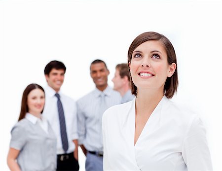 simsearch:400-06567931,k - Happy manager in front of her team against a white background Stock Photo - Budget Royalty-Free & Subscription, Code: 400-04187682
