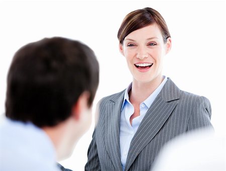 simsearch:400-05710385,k - Portrait of a laughing businesswoman talking at her colleague during a meeting in the office Foto de stock - Royalty-Free Super Valor e Assinatura, Número: 400-04187816