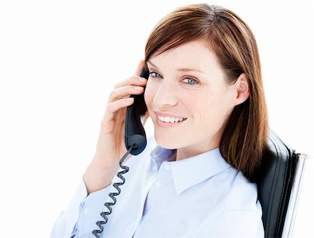 simsearch:400-04164036,k - Portrait of a caucasian  businesswoman on the phone against a white background Foto de stock - Super Valor sin royalties y Suscripción, Código: 400-04187820