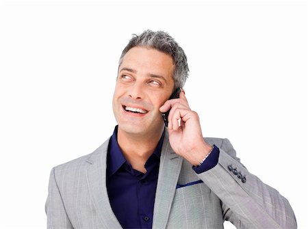 simsearch:400-07820348,k - Laughing Businessman on phone looking up against a white background Photographie de stock - Aubaine LD & Abonnement, Code: 400-04187912