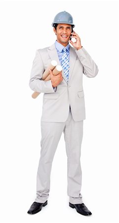 showing phones group - Attractive architect with a hardhat on phone against a white background Stock Photo - Budget Royalty-Free & Subscription, Code: 400-04188141