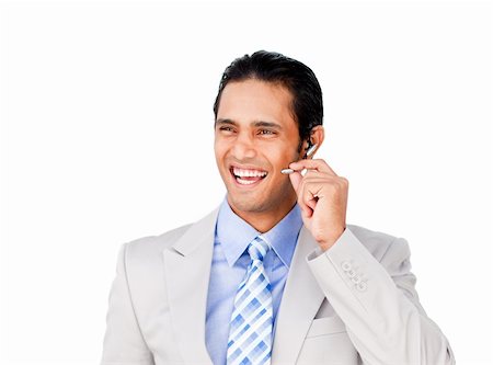 simsearch:400-04129170,k - Happy businessman with headset on against a white background Fotografie stock - Microstock e Abbonamento, Codice: 400-04188155