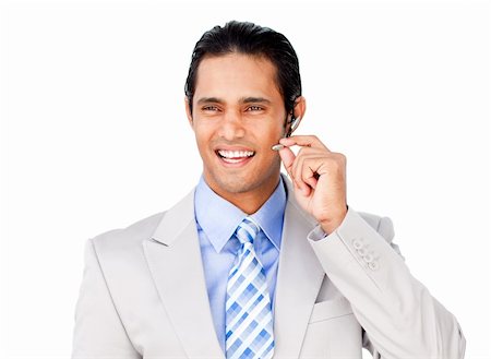 simsearch:400-04129170,k - Confident businessman with headset on isolated on a white background Fotografie stock - Microstock e Abbonamento, Codice: 400-04188158