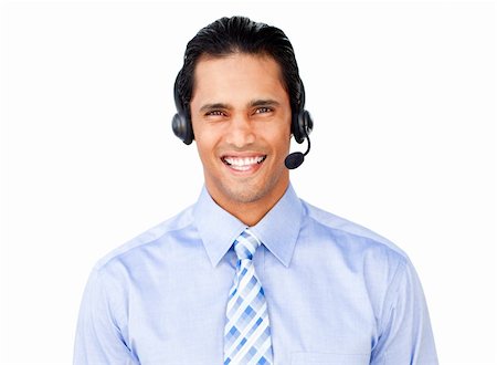 simsearch:400-04129170,k - Businessman with headset on against a white background Fotografie stock - Microstock e Abbonamento, Codice: 400-04188176