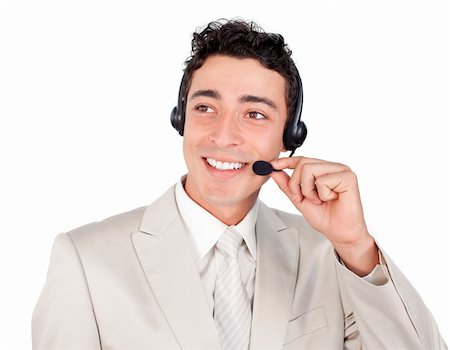 simsearch:400-04119293,k - Ethnic young businessman with headset on isolated on a white background Fotografie stock - Microstock e Abbonamento, Codice: 400-04188198