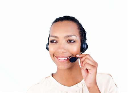 simsearch:400-04119293,k - Self-assured Customer service representative with headset on against a white background Fotografie stock - Microstock e Abbonamento, Codice: 400-04188271