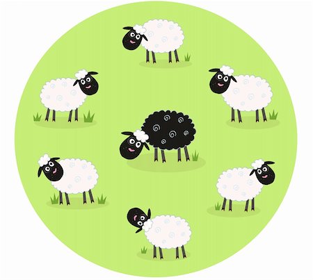 Stylized vector illustration of sheep family. The black sheep is different. This sheep is outsider and standing alone. Vector Illustration. Stock Photo - Budget Royalty-Free & Subscription, Code: 400-04189215