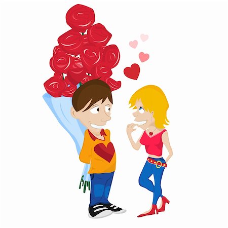 Young Couple in Love. Boy hiding flowers from girlfriend. Editable Vector Illustration Photographie de stock - Aubaine LD & Abonnement, Code: 400-04189225