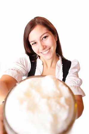 Beautiful and happy woman holding Oktoberfest beer stein. Isolated on white. Stock Photo - Budget Royalty-Free & Subscription, Code: 400-04189310