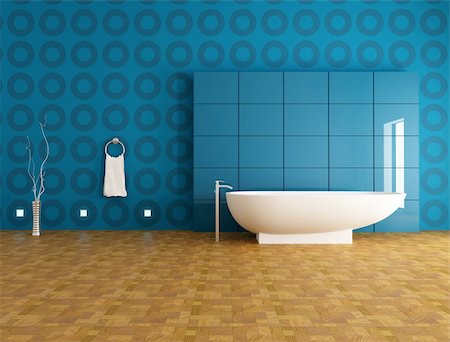 simsearch:6102-08726973,k - contemporary bathroom with fashion bathtub in front a blue panel - rendering Foto de stock - Super Valor sin royalties y Suscripción, Código: 400-04180120