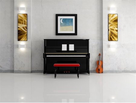 black piano and violin against the old  wall -rendering-the art picture on wall are my composition Photographie de stock - Aubaine LD & Abonnement, Code: 400-04180178
