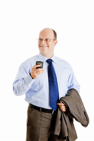 simsearch:400-06393704,k - Middle-aged businessman sending a text message and smilling, isolated on white background Stockbilder - Microstock & Abonnement, Bildnummer: 400-04180588