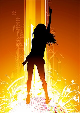 silhouette of dancers at party - Illustration vectorielle du parti abstract Background avec voyants lumineuses, boule disco et silhouette de jeune fille Photographie de stock - Aubaine LD & Abonnement, Code: 400-04180824