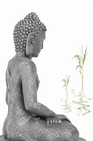 simsearch:400-05099216,k - Buddha in meditation, with bamboo leaf grass with reflection in rippled water, isolated over white background. Mass produced statue. Stock Photo - Budget Royalty-Free & Subscription, Code: 400-04182267