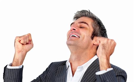 person punching for victory - Succesful businessman punching the air in celebration against a white background Stock Photo - Budget Royalty-Free & Subscription, Code: 400-04183040