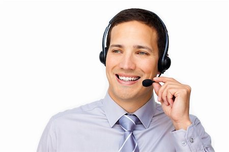 simsearch:400-06108986,k - Dashing customer service agent with headset on against a white background Stock Photo - Budget Royalty-Free & Subscription, Code: 400-04183144