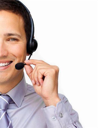 simsearch:400-06108986,k - Close-up of a businessman using headset against a white background Stock Photo - Budget Royalty-Free & Subscription, Code: 400-04183146