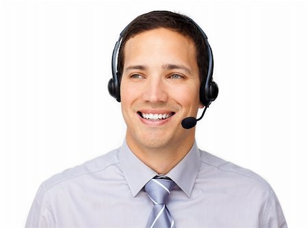 simsearch:400-06108986,k - Attractive businessman talking on headset against a white background Stock Photo - Budget Royalty-Free & Subscription, Code: 400-04183140