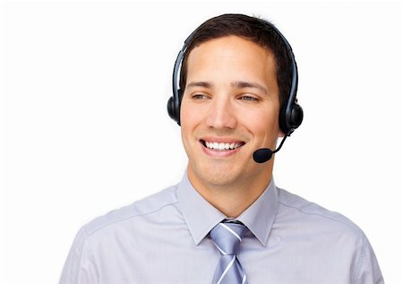 simsearch:400-06108986,k - Confident businessman using headset against a white background Stock Photo - Budget Royalty-Free & Subscription, Code: 400-04183142