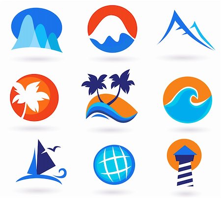 simsearch:400-07326581,k - Vacation, travel and holiday icon set. Collection of 9 design elements inspired by water, nature, beach, sun and globe. Perfect use for travel guides, websites, maps and travel brochures. Stock Photo - Budget Royalty-Free & Subscription, Code: 400-04183482