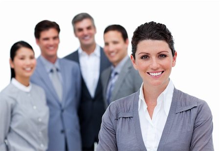 simsearch:400-05118165,k - Smiling businesswoman with her colleagues in a business building Foto de stock - Royalty-Free Super Valor e Assinatura, Número: 400-04183668