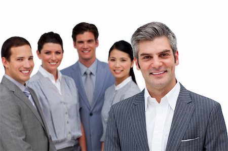 simsearch:400-04187328,k - Smiling manager standing with his team against a white background Foto de stock - Royalty-Free Super Valor e Assinatura, Número: 400-04183661