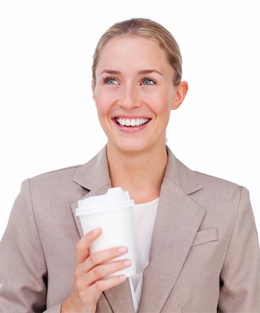 simsearch:400-04188263,k - Attractive businesswoman drinking a coffee against a white background Foto de stock - Super Valor sin royalties y Suscripción, Código: 400-04183709