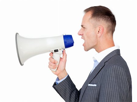 simsearch:400-04126489,k - Angry businessman holding a megaphone isolated on a white background Stock Photo - Budget Royalty-Free & Subscription, Code: 400-04183856