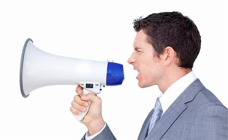 simsearch:400-04126489,k - Angry businessman yelling through a megaphone against a white background Stock Photo - Budget Royalty-Free & Subscription, Code: 400-04183998