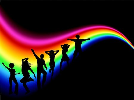 dancing crowd silhouette - Silhouettes of funky people dancing on rainbow coloured background Stock Photo - Budget Royalty-Free & Subscription, Code: 400-04194061