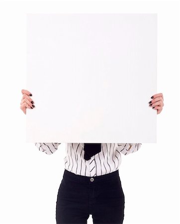 Businesswoman standing and holding a white empty billboard or signboard over her face Stock Photo - Budget Royalty-Free & Subscription, Code: 400-04194493