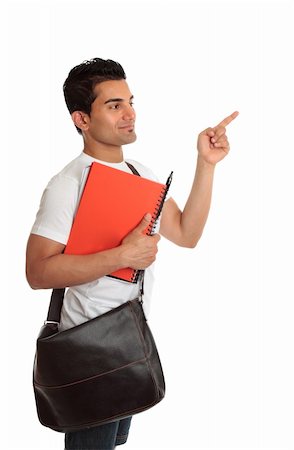 simsearch:400-04205889,k - A smiling student with satchel and notebook, looking and pointing to your message.  White background. Foto de stock - Super Valor sin royalties y Suscripción, Código: 400-04194614