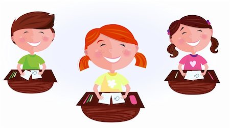 School is fun! Happy Boy and two girls sitting  in school classroom. Stylized vector cartoon illustration of classmates. Photographie de stock - Aubaine LD & Abonnement, Code: 400-04194645