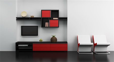 flat tv on wall - lounge room interior with bookshelf and TV 3d rendering Stock Photo - Budget Royalty-Free & Subscription, Code: 400-04194687