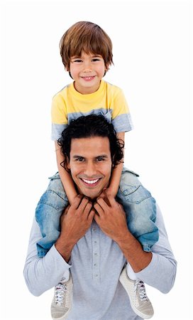 simsearch:400-04221909,k - Happy father giving his son piggyback ride against a white background Fotografie stock - Microstock e Abbonamento, Codice: 400-04195194