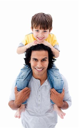 simsearch:400-04221909,k - Jolly father giving his little boy piggyback ride against a white background Stock Photo - Budget Royalty-Free & Subscription, Code: 400-04195198