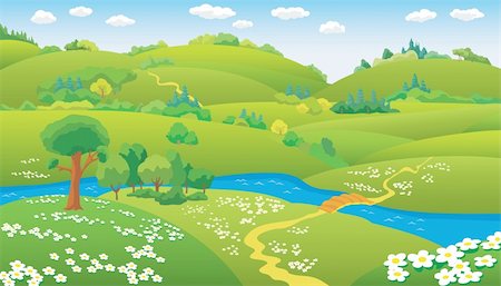 Summer Landscape, hills and the river on the plain, vector illustration Stock Photo - Budget Royalty-Free & Subscription, Code: 400-04195386