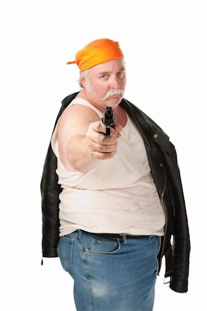 Fat guy with leather jacket and aimed pistol Stock Photo - Budget Royalty-Free & Subscription, Code: 400-04195554