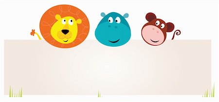 Vector Illustration of cute jungle animals with blank sign. Lion, hippopotamus and monkey. Stock Photo - Budget Royalty-Free & Subscription, Code: 400-04196838