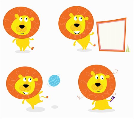 Vector cartoon illustration of cute safari lion character: single lion, lion with blank sign, lion with football ball and one with crazy hair style. Foto de stock - Super Valor sin royalties y Suscripción, Código: 400-04196839