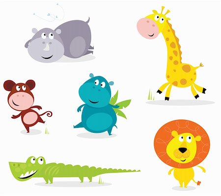 simsearch:400-04184143,k - Vector cartoon illustration of six cute safari animals - Giraffe, Hippopotamus, Rhinoceros, Crocodile, Lion and Monkey. Fotografie stock - Microstock e Abbonamento, Codice: 400-04197250