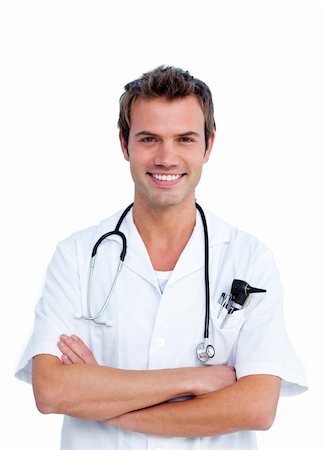 simsearch:400-04281577,k - Portrait of a caucasian male doctor holding a stethoscope against a white background Photographie de stock - Aubaine LD & Abonnement, Code: 400-04197840
