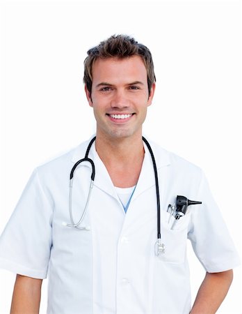 simsearch:400-04281577,k - Portrait of a young male doctor holding a stethoscope against a white background Photographie de stock - Aubaine LD & Abonnement, Code: 400-04197842