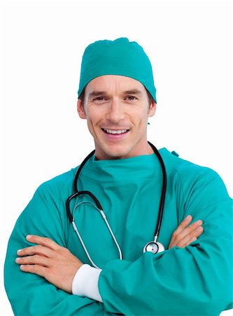 simsearch:400-04281577,k - Portrait of a radiant surgeon holding a stethoscope against a white background Photographie de stock - Aubaine LD & Abonnement, Code: 400-04197843