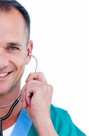 simsearch:400-04281577,k - Portrait of a confident male doctor holding a stethoscope against a white background Photographie de stock - Aubaine LD & Abonnement, Code: 400-04197854